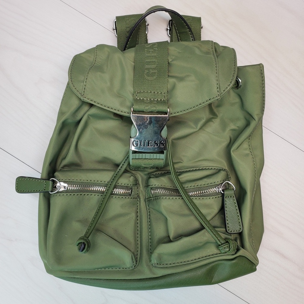 Guess Green Nylon Drawstring Small‎ Backpack Logo Academia NWOT